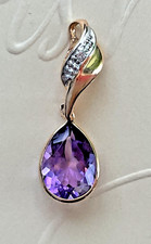 14K Gold Pear Cut Amethyst Pendant • Diamond Accents • 585