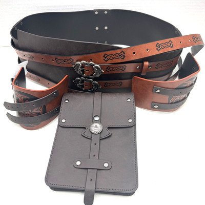 3pc Medieval Renaissance Brown Wide Belt/wrist bracelet & pouch Cosplay/LARP REA