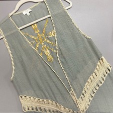 Umgee Duster Fringe Sleeveless Cardigan Crochet Detail Green Cream Embroidered