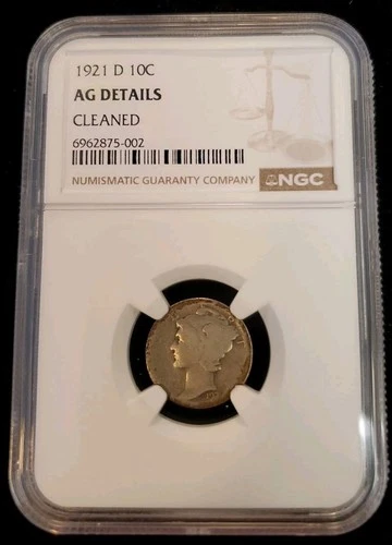 1921 D Silver Mercury Dime.   NGC AG Details Cleaned