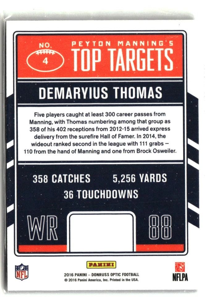2016 Donruss Optic #4 Demaryius Thomas Peyton Manning Top Targets - Image 2 of 2