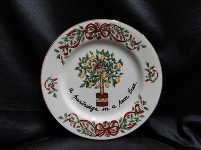 Centurion Ribbon Holly, Red Ribbon: ''1 Partridge'' Salad Plate, 7 1/2''