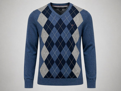 Tommy Hilfiger Pullover Herren M Blau Argyle V-Ausschnitt 100% Baumwolle