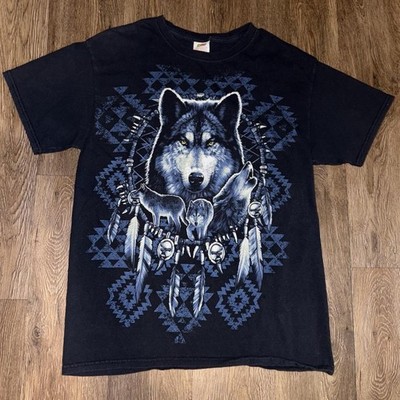 90s Black & blue wolf dream catcher graphic tee Tribal Wolves