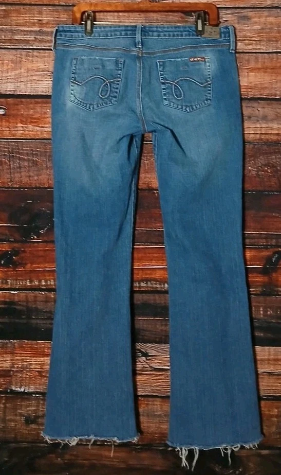 HINT Jeans Size 10 11 Boot Cut Low Rise Blue Denim Raw Hem Distressed Stretch  - Image 4 of 4