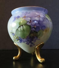 VTG egg vase gilt rim & legs forget-me-nots violets hand painted signed