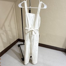 White Sleeveless Jumpsuit Square Neck Belted Zip Straight Leg Pockets Women
