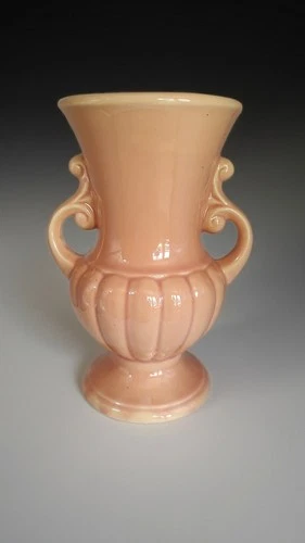 Vintage MCM Shawnee USA Pottery Salmon Pink Coral Double Handle Vase Urn 8"  EUC