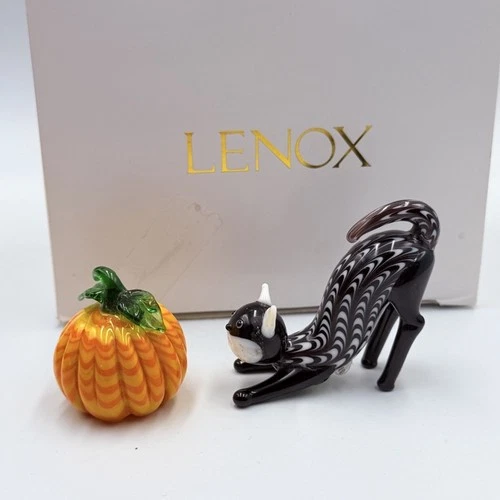 Lenox Halloween Glass Figurine Set Black Cat & Pumpkin Handcrafted Decor