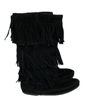 MINNETONKA 3-Layer Fringe Moccasin  Boho Boots Women's Black Size 6 New In Box