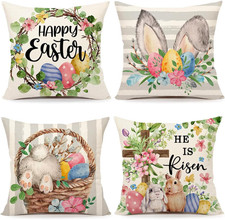 Gray Easter Pillow Covers 18x18 Set of 4, He is Risen Bunny Floral Eggs Farmhous