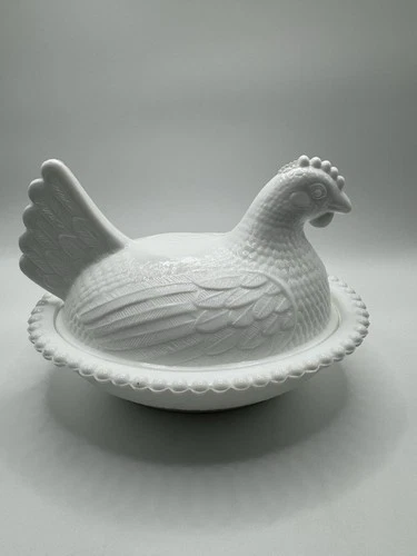 Vintage 7” Indiana White Milk Glass Chicken Hen On Nest Covered Bowl Candy Dish
