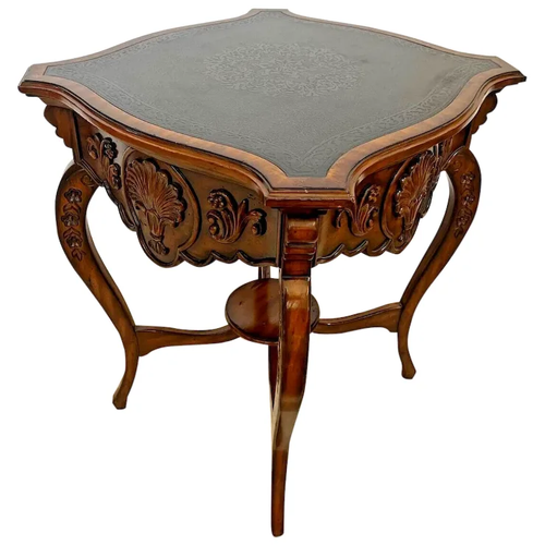 Vintage Maitland Smith Table French Country Carved Walnut Embossed Metal inlay