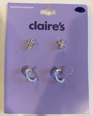 Claire's Sensitive Solutions Silver Tone Cross Stud And Hoop Set