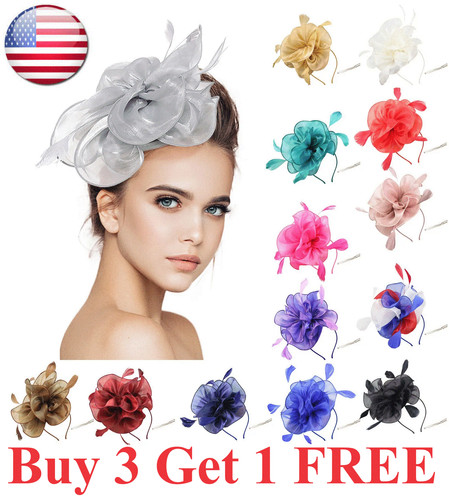 Women Fascinator Hat Headband Flower Feather Mesh Hair Clip Cocktail Tea Party