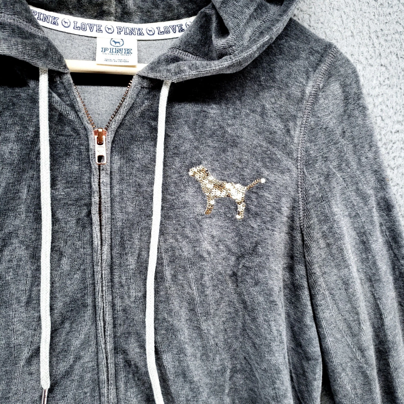 UNDERCOVER Felpa con cappuccio Victoria Secret vintage Love rosa paillettes con cane donna XS grigia morbida