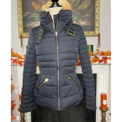 Zara Basic Outerwear Women s Puffer Jacket Faux Fur Collar Small Hidden Hood