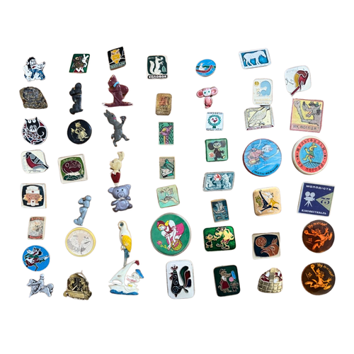 Set 50 Vintage Russian Badge Pins Kids Children Soviet Era Cartoon Tales Tunes