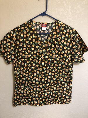 Dickies Scrub Top Brown Owls, Acorns, Flowers V Neck Nursing Women s Size XS