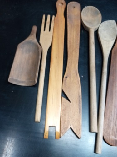 9 Vintage Holz verschiedene Küchenutensilien Naturholz Kochgeschirr Löffel Gabel Spatel - Bild 8 von 12