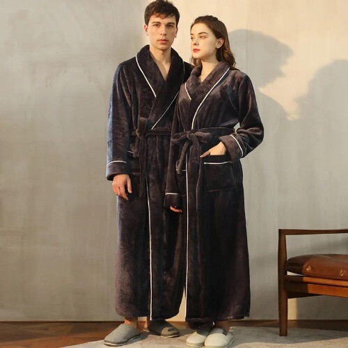 New Winter Robe Long Nightgown with Pocket Robe Bathrobe Gown Flannel Sleepwear - Bild 2 von 21