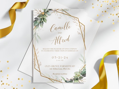 Personalised Sage Leaves and Gold Ornaments Wedding Invitations with Envelopes - Picture 4 of 5