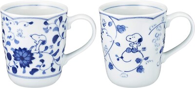 Peanuts Snoopy Indigo Arabesque&Grape Pair Mug Cup Set with Fancy Box NEW JAPAN