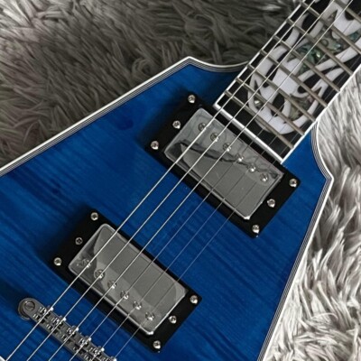 Blue Flying V Electric Guitar Flamed Maple Top Chrome