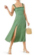 REFORMATION Green Polka Dot ARIELLE Ruffle Smocked Back Side Slit Midi Dress 8 M