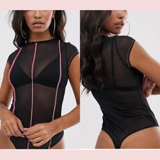 NEW 32 ASOS DESIGN  0 US  Contrast Stitching Seamed Mesh Bodysuit Black 5468