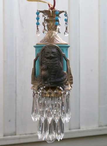 Schwarze Katze Deckenlampe Kronleuchter Messing Tole Glas Türkis Perlen Kristall Deko - Bild 11 von 12