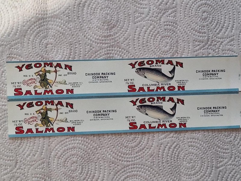 2 Yeoman Brand Salmon Columbia River Vintage Can Labels Chinook Packing Company