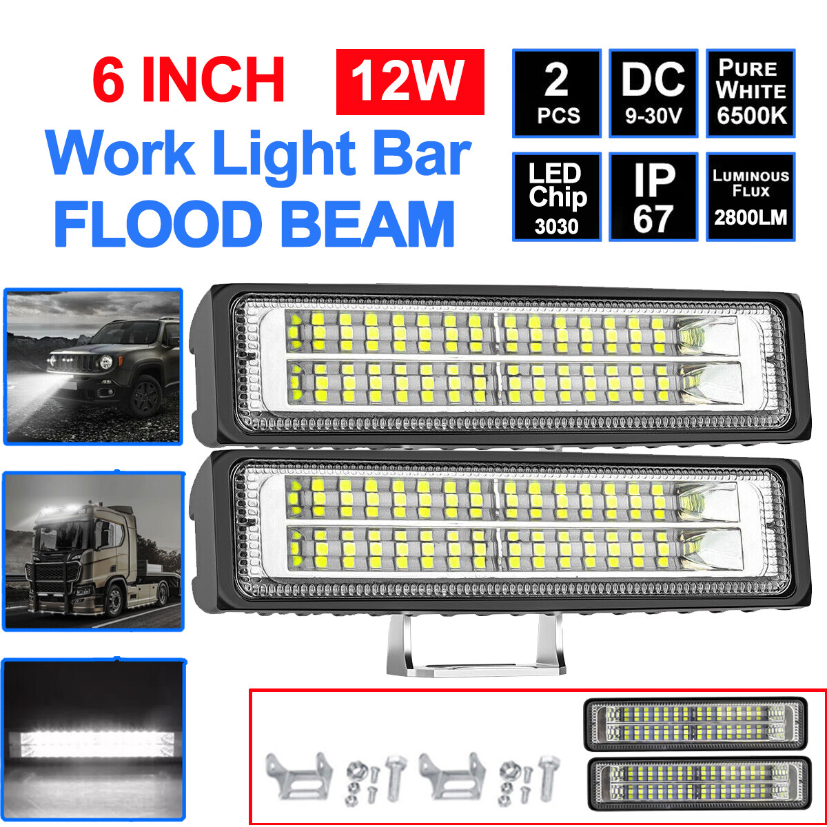 2x 6Inch LED Work Light Bar Flood Fog Lamp 12W For Driving Offroad Truck SUV ATV