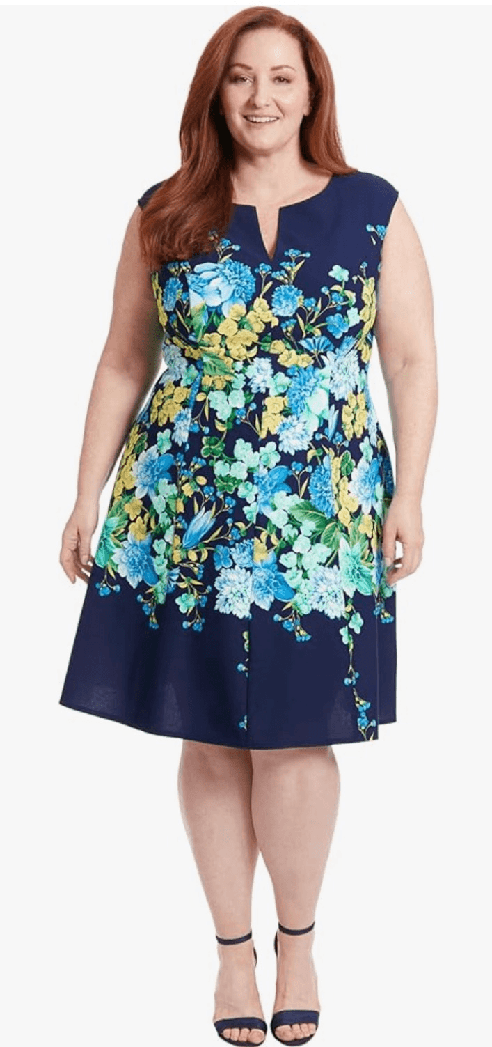 London Times Womens Floral Split Neck Fit and Flare Dress  