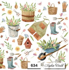  634 TWO Individual Paper LUNCHEON Decoupage Napkins - GARDENING SPRING OBJECTS