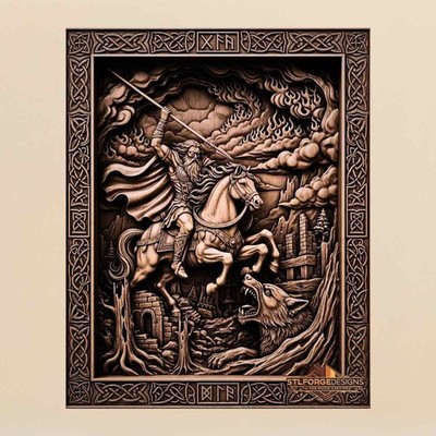 Odin Sleipnir Ragnarok Fenrir Fire STL File CNC Relief 3D Norse Wood Carving