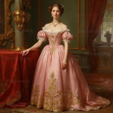 Vintage Victorian Prom Dress Pink Satin Gold Lace Detail Princess Evening Gown