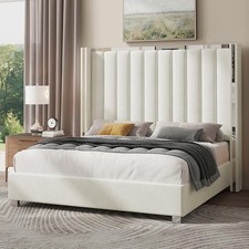 Queen Size Bed Frame with Tall Upholstered Headboard, Velvet Platform Bed with