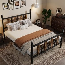 Queen Metal Bed Vintage Headboard Footboard Black Under-Bed Storage Noise-Free