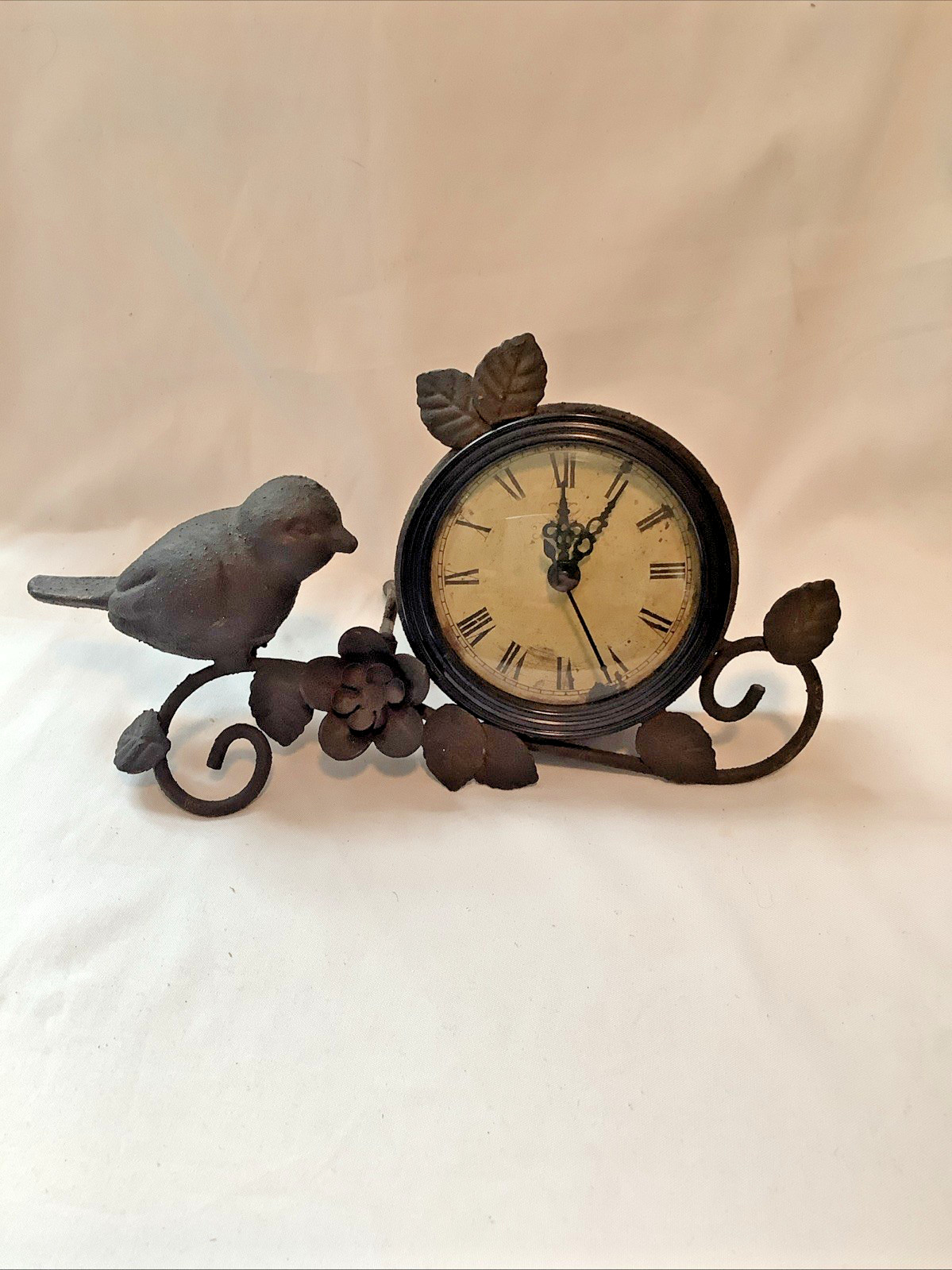 Vintage Cast Iron Mantle Clock W/ Bird & Flower. Cafe Des Marguerites Clock. EUC