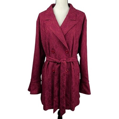 Hues of Ego Women s Lace Trench Coat 1X Burgundy Double Breasted Belted