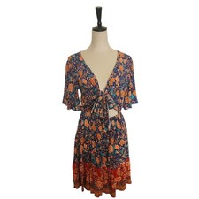 Multicolor Floral Short Flutter Sleeve Tie Front Fit  Flare Dress Size M