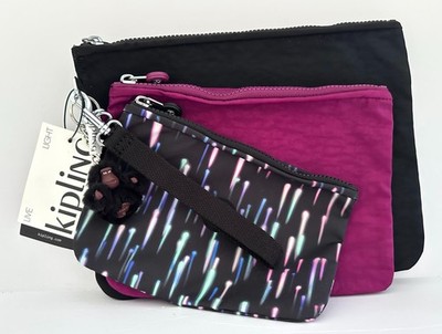 NWT NEW KIPLING IAKA LARGE 3-IN-1 WRISTLET BLACK FIREWORKS SET POUCHES CLUTCH