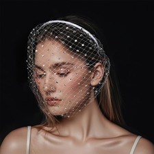 1920s Veil Headband with Rhinestone, Birdcage Veil Flapper, Mesh Vintage White