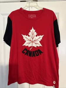 Olympic Canada Embroidered Red Maple Leaf Red Black Crew Neck T Shirt Size L