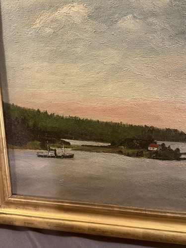 Antique Folk Art Nautical Oil on Canvas Seascape Painting w/ Lemon Gold Frame - Picture 8 of 14
