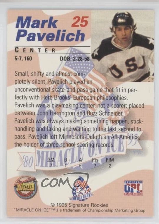 1995 Signature Rookies Miracle on Ice 1980 /24000 Mark Pavelich #25 - Image 2 of 2