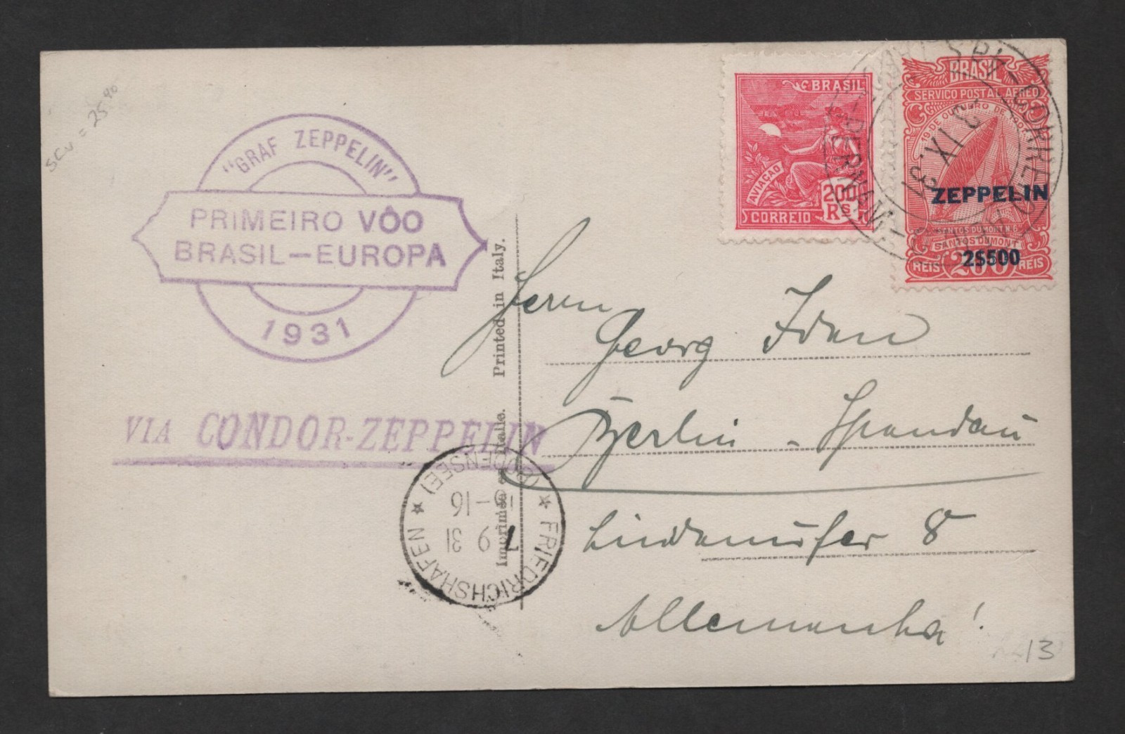 BRAZIL TO GERMANY 1931 GRAF ZEPPELIN FIRST FLIGHT VIA CONDOR TO BERLIN