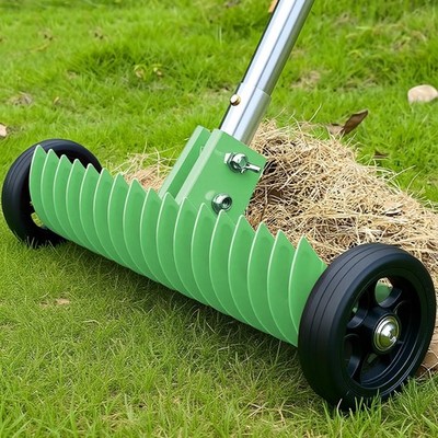 Thatch Rake for Lawn, 15-Inch Dethatcher with Rolls Efficient Steel Metal Rake