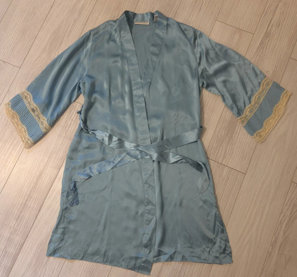Bata de colección Y2K Valerie Stevens 100 % seda con cinturón talla pequeña topacio azul salón Foto 3 de 4